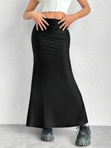 SHEIN EZwear Váy suông xếp nếp đuôi cá màu đen, váy maxi bó xẻ thanh lịch màu đen trơn cho nữ, mùa xuân/thu, trang phục thường ngày - màu đen - Xem 5