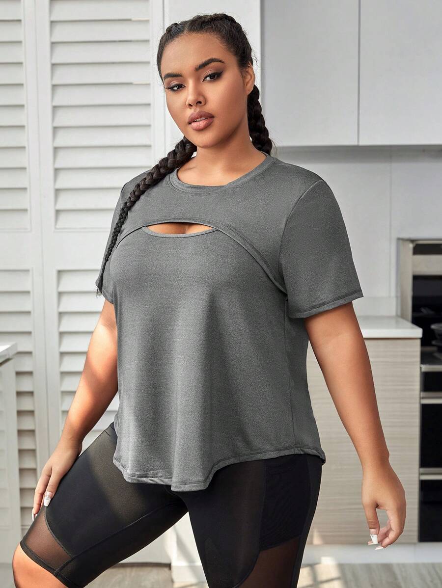 Yoga Basic Plus Cut Out Front Sports Tee - Dark Grey - View 1