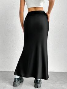 SHEIN EZwear Váy suông xếp nếp đuôi cá màu đen, váy maxi bó xẻ thanh lịch màu đen trơn cho nữ, mùa xuân/thu, trang phục thường ngày - màu đen - Xem 2