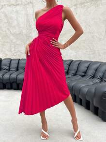 Firerie 單肩腰部鏤空百褶下擺連衣裙 - 玫紅色 - 查看 7