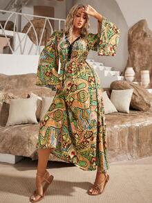S BETRO Allover Print Trumpet Sleeve Dress - Multicolor - View 3