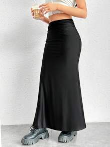 SHEIN EZwear Váy suông xếp nếp đuôi cá màu đen, váy maxi bó xẻ thanh lịch màu đen trơn cho nữ, mùa xuân/thu, trang phục thường ngày - màu đen - Xem 4