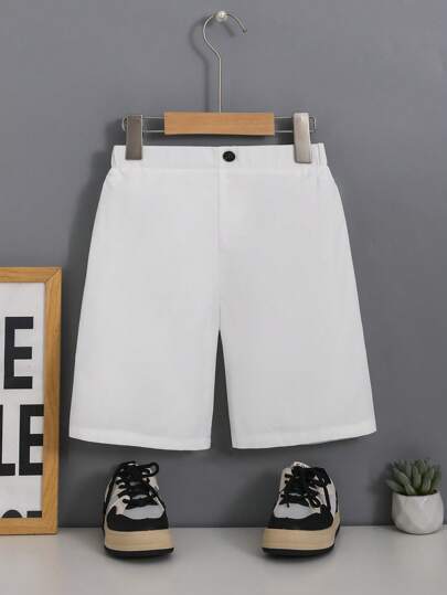 SHEIN Tween Boy's Solid Color Shorts With Rear Elastic Band And Front Decorative Button, Summer