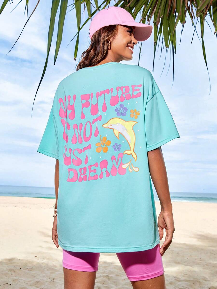 SHEIN Qutie Áo thun nữ Hoạt hình Slogan Giải trí - Màu xanh bạc hà - Xem 1