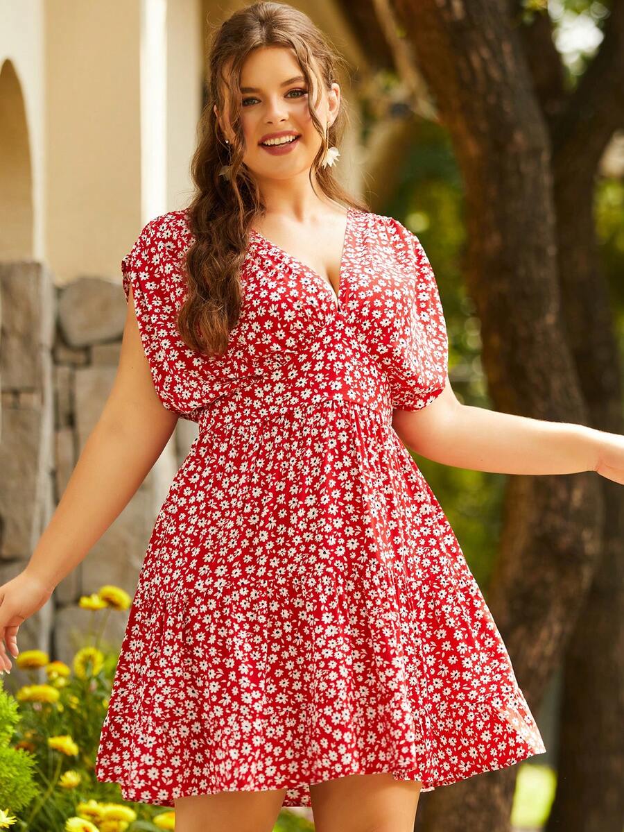 S BETRO 大碼碎花蝙蝠袖荷葉邊連衣裙 - 彩色 - 查看 1