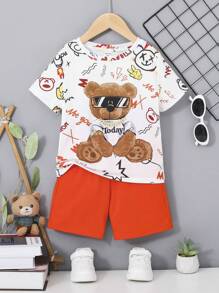 SHEIN 2pcs/set Toddler Boys' Casual Comfortable Street Graffiti Bear & Hand-drawn Letter Pattern T-shirt And Shorts, Fashionable And Versatile