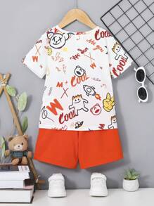 SHEIN 2pcs/set Toddler Boys' Casual Comfortable Street Graffiti Bear & Hand-drawn Letter Pattern T-shirt And Shorts, Fashionable And Versatile