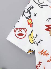 SHEIN 2pcs/set Toddler Boys' Casual Comfortable Street Graffiti Bear & Hand-drawn Letter Pattern T-shirt And Shorts, Fashionable And Versatile