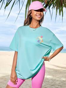 SHEIN Qutie Áo thun nữ Hoạt hình Slogan Giải trí - Màu xanh bạc hà - Xem 4