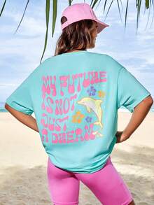 SHEIN Qutie Áo thun nữ Hoạt hình Slogan Giải trí - Màu xanh bạc hà - Xem 5