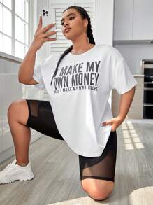 SHEIN Daily&Casual 大碼標語圖案落肩袖運動T恤 - 白色 - 查看 1