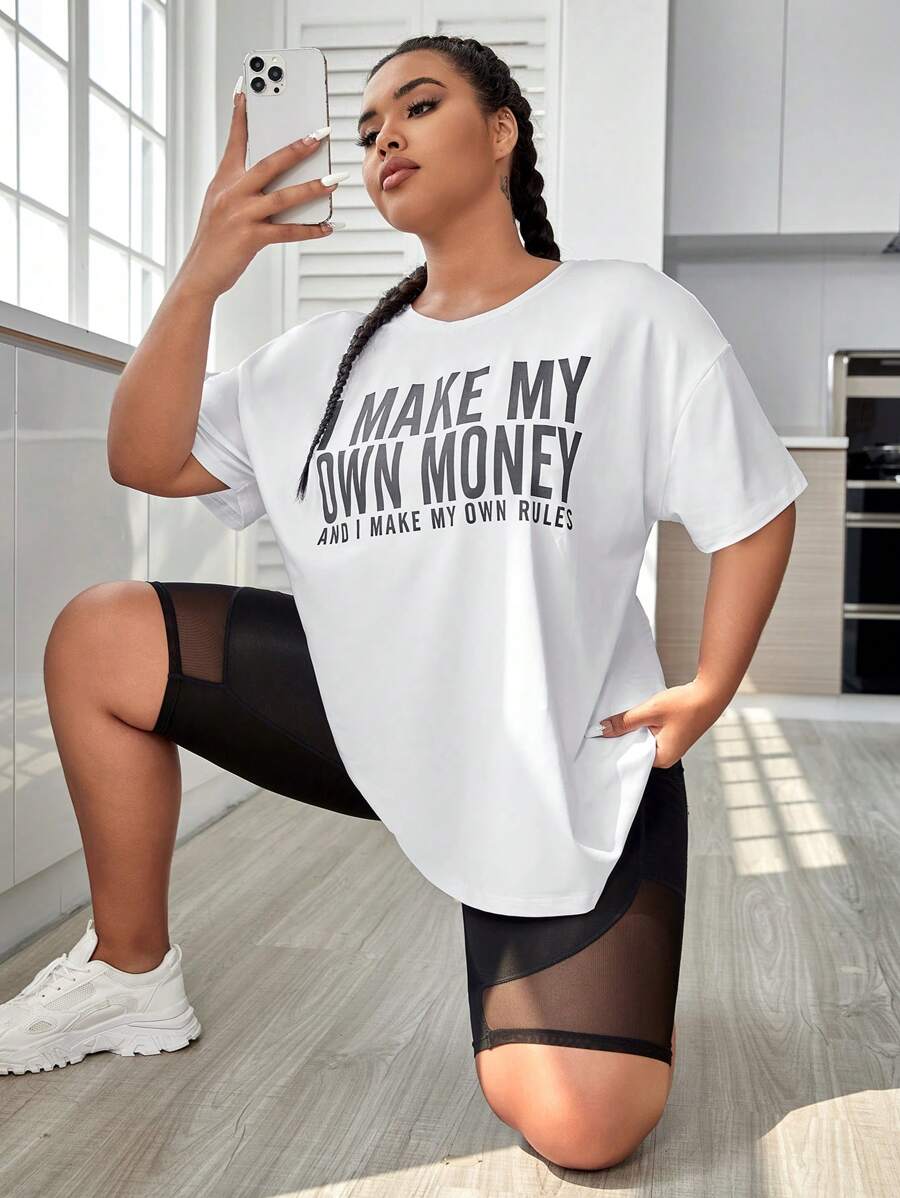 SHEIN Daily&Casual 大碼標語圖案落肩袖運動T恤 - 白色 - 查看 1