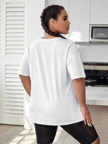 SHEIN Daily&Casual 大碼標語圖案落肩袖運動T恤 - 白色 - 查看 2