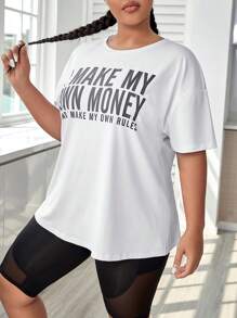 SHEIN Daily&Casual 大碼標語圖案落肩袖運動T恤 - 白色 - 查看 3