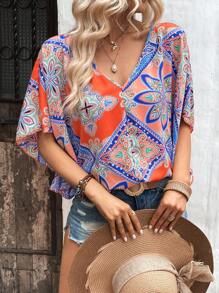 SHEIN VCAY Áo sơ mi nữ Họa tiết khăn Boho - Nhiều màu - Xem 1