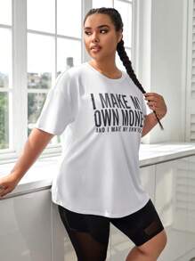 SHEIN Daily&Casual 大碼標語圖案落肩袖運動T恤 - 白色 - 查看 4