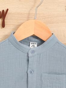 SHEIN Leap Crew Đứa bé trai Vá lại Túi Áo sơ mi Và Quần short Giải trí Đơn giản Bộ đồ Cho mùa hè - Màu xanh bụi bặm - Xem 3