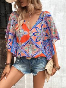SHEIN VCAY Áo sơ mi nữ Họa tiết khăn Boho - Nhiều màu - Xem 5