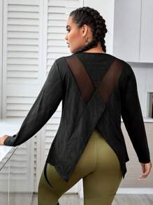 Easithlete Plus Size Contrast Mesh Wrap Back Sports Long Sleeve Tee - Black - View 1