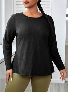 Easithlete Plus Size Contrast Mesh Wrap Back Sports Long Sleeve Tee - Black - View 2