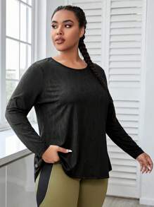 Easithlete Plus Size Contrast Mesh Wrap Back Sports Long Sleeve Tee - Black - View 3