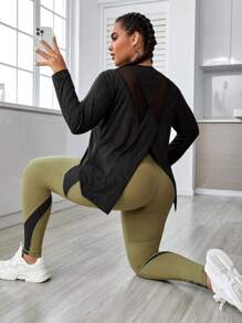 Easithlete Plus Size Contrast Mesh Wrap Back Sports Long Sleeve Tee - Black - View 4