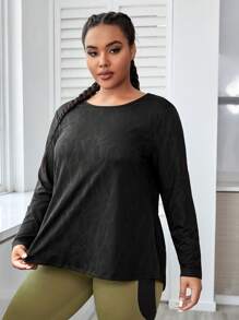 Easithlete Plus Size Contrast Mesh Wrap Back Sports Long Sleeve Tee - Black - View 5