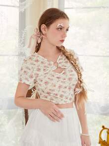 ROMWE 碎花環鏈前鏤空短款T恤 - 米色 - 查看 5