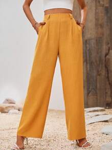 SHEIN Clasi Solid Slant Pocket Wide Leg Trousers - Yellow - View 1