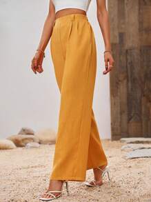 SHEIN Clasi Solid Slant Pocket Wide Leg Trousers - Yellow - View 3