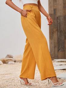 SHEIN Clasi Solid Slant Pocket Wide Leg Trousers - Yellow - View 4