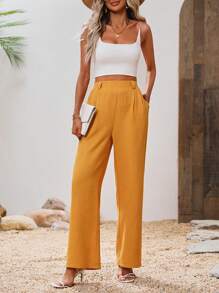 SHEIN Clasi Solid Slant Pocket Wide Leg Trousers - Yellow - View 5