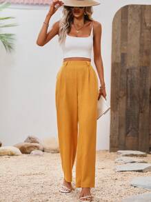 SHEIN Clasi Solid Slant Pocket Wide Leg Trousers - Yellow - View 6