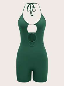 SHEIN ICON 素色前鏤空繞頸露背彈力緊身連體短褲 - 墨綠色 - 查看 1