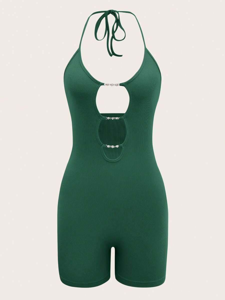 SHEIN ICON 素色前鏤空繞頸露背彈力緊身連體短褲 - 墨綠色 - 查看 1