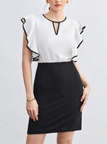 BizChic Contrast Binding Ruffle Trim Dress Workwear - Black and White - View 1