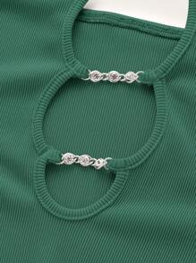 SHEIN ICON 素色前鏤空繞頸露背彈力緊身連體短褲 - 墨綠色 - 查看 4