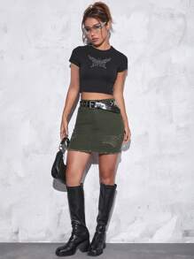 SHEIN PETITE Váy denim nữ Túi Hem thô Bị tách màu trơn Giải trí - Màu xanh lá cây đậm - Xem 3
