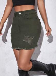 SHEIN PETITE Váy denim nữ Túi Hem thô Bị tách màu trơn Giải trí - Màu xanh lá cây đậm - Xem 4