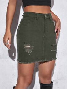 SHEIN PETITE Váy denim nữ Túi Hem thô Bị tách màu trơn Giải trí - Màu xanh lá cây đậm - Xem 5