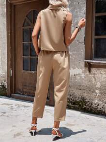 SHEIN LUNE 雙排釦馬甲西裝外套和褲子 - 卡其色 - 查看 3