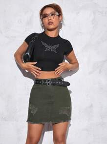 SHEIN PETITE Váy denim nữ Túi Hem thô Bị tách màu trơn Giải trí - Màu xanh lá cây đậm - Xem 6