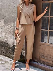 SHEIN LUNE 雙排釦馬甲西裝外套和褲子 - 卡其色 - 查看 4
