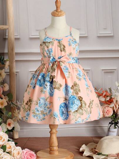 Toddler Girls Floral Print Belted Cami Dress