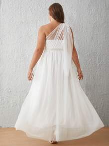 SHEIN Belle Plus One Shoulder Mesh Overlay Wedding Dress - White - View 3