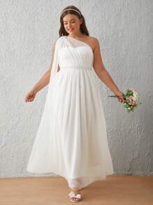 SHEIN Belle Plus One Shoulder Mesh Overlay Wedding Dress - White - View 5