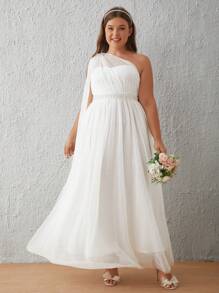 SHEIN Belle Plus One Shoulder Mesh Overlay Wedding Dress - White - View 1