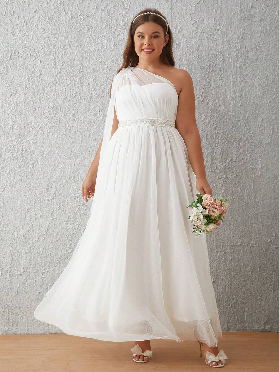 SHEIN Belle Plus One Shoulder Mesh Overlay Wedding Dress - White - View 1