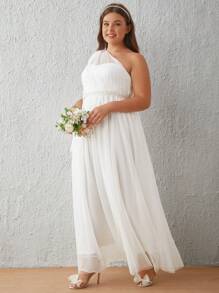 SHEIN Belle Plus One Shoulder Mesh Overlay Wedding Dress - White - View 6
