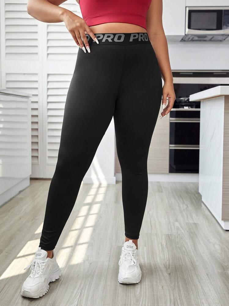 Easithlete Legging Esportiva de Cintura Larga com Estampa de Letra para Mulheres Plus Size, Calça de Ioga - Preto - Visão 6